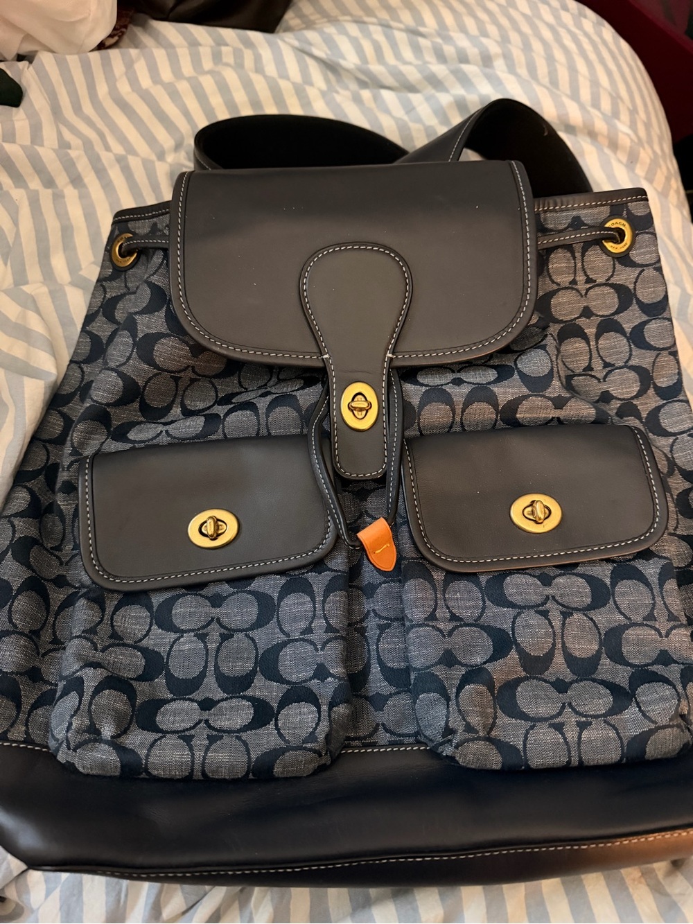 Coach Chambray Sig Canvas Backpack with Leather Trim and Gold Hardware